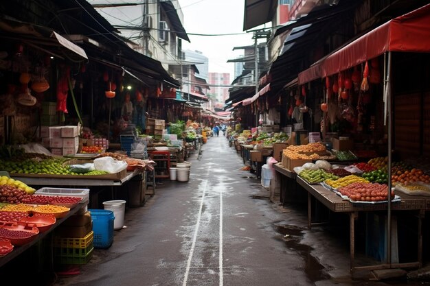 una calle con un puesto de frutas y una persona caminando al fondo