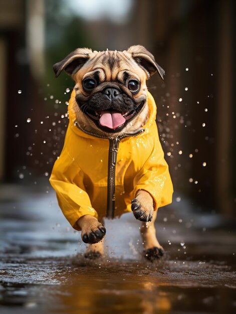 Calle con pugs de cervo rebotando a través de charcos mientras llevan un impermeable amarillo lluvia IA generativa