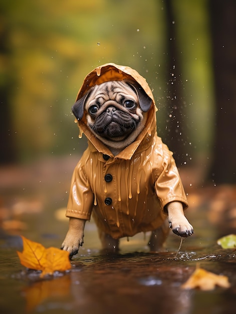 Calle con pugs de cervo rebotando a través de charcos mientras llevan un impermeable amarillo lluvia IA generativa