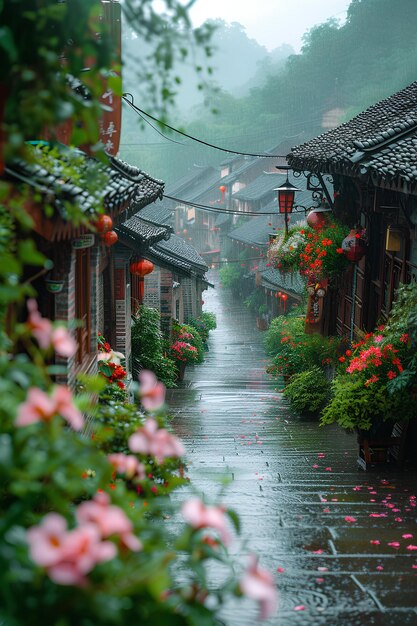 Una calle con un ramo de flores en ella