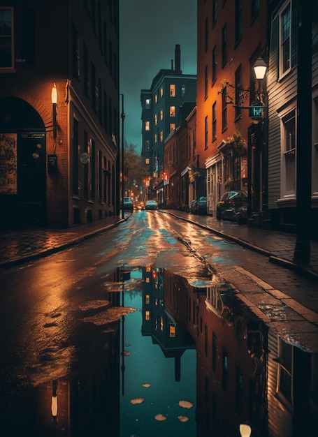 Una calle con el reflejo de un edificio y un letrero que dice "el nombre de la ciudad"