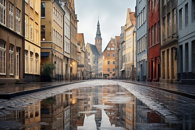 Una calle con el reflejo de una iglesia en el agua.