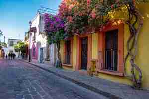 Foto calle rústica con ventanas y flores de buganvillas en querétaro méxico