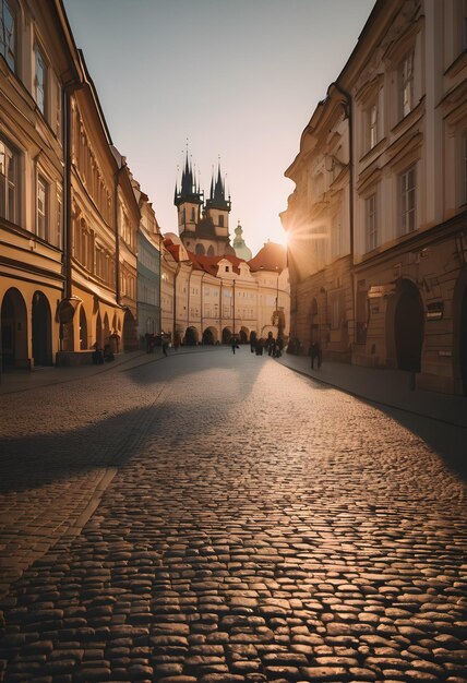 Calle soleada en el centro de Praga puesta de sol luz pocas personas vistas