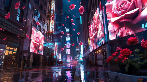 Una calle solitaria en una gran ciudad por la noche la calle está mojada por la lluvia y las luces de neón de la ciudad se reflejan en los charcos