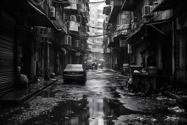 Una calle sucia con un auto y un edificio.