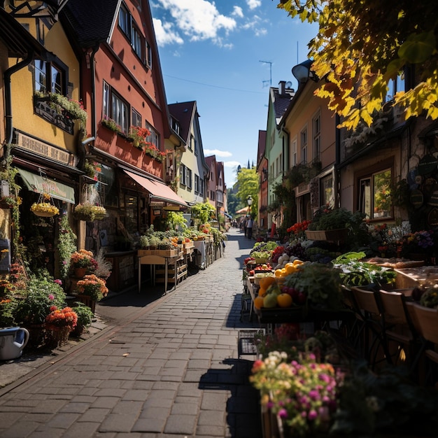 una calle con una tienda de flores y un cartel que dice "tienda de flores".