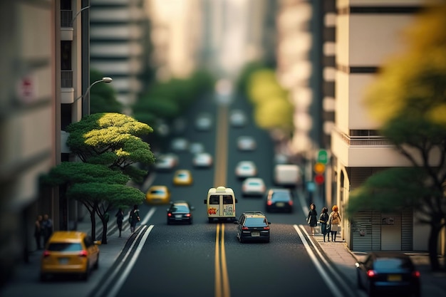 Una calle típica en una ciudad asiática en estilo tiltshift con enfoque estrecho y apariencia de maqueta generada por Ai