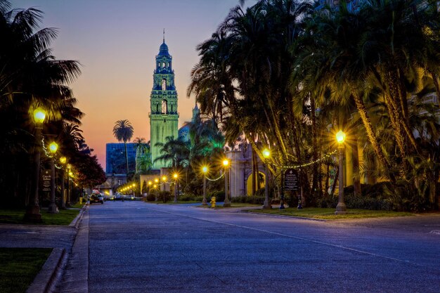 Foto una calle con una torre del reloj y palmeras en el fondo