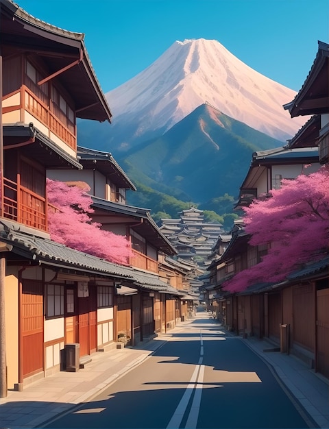 Calle tradicional japonesa en un pintoresco pueblo con montañas