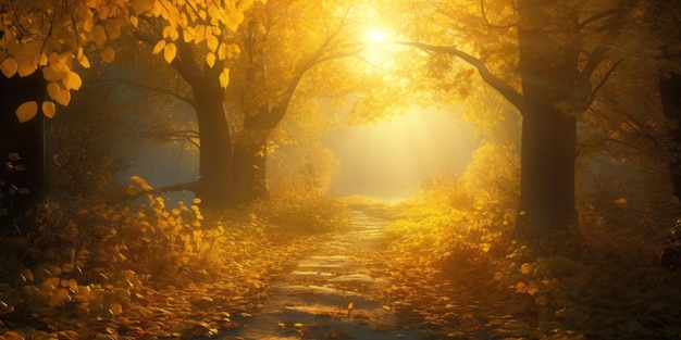 Calle tranquila en el parque de otoño con rayos de sol y hojas doradas cayendo de los árboles Panorama del paisaje Ilustración generativa de IA