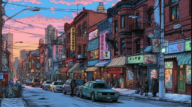 Calle urbana concurrida durante la hora pico Concepto de fantasía Ilustración pintura