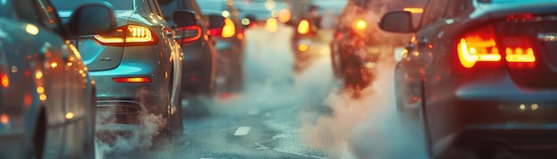 Una calle urbana congestionada llena de coches durante la hora pico con gases de escape visibles y luces borrosas que crean una sensación de movimiento y urgencia