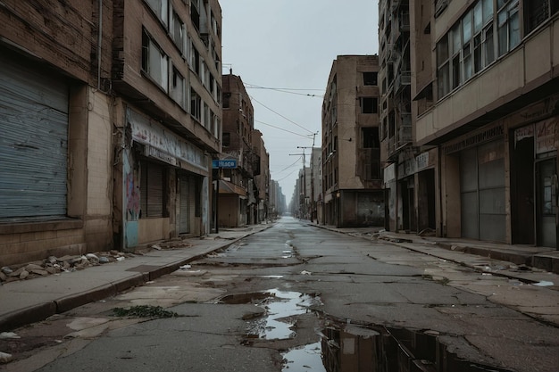 Calle urbana desierta con edificios dañados