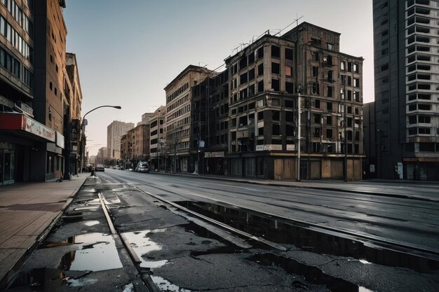 Calle urbana desierta con edificios dañados