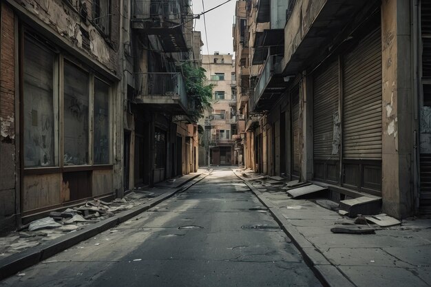 Calle urbana desierta con edificios dañados