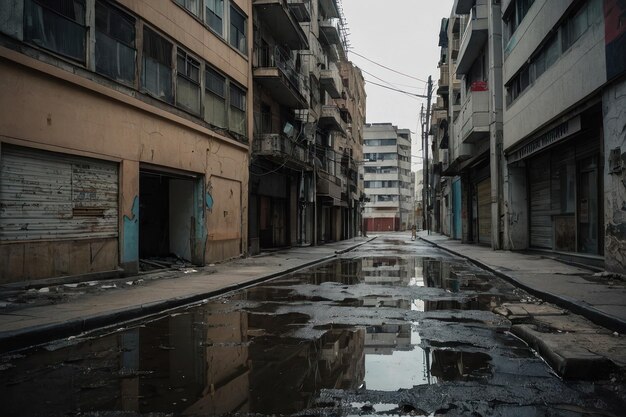 Calle urbana desierta con edificios dañados