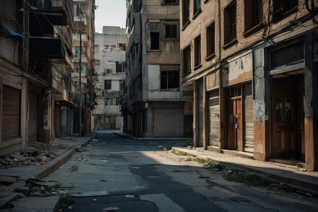 Calle urbana desierta con edificios dañados