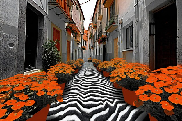 Una calle urbana con flores en primer plano
