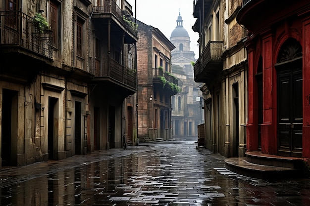 una calle vacía en una ciudad en un día de lluvia