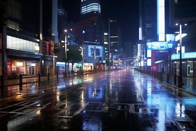 una calle vacía de la ciudad por la noche con pavimento húmedo
