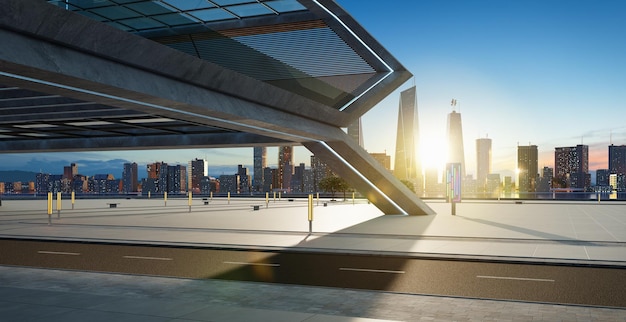 Calle vacía debajo del puente con hermoso amanecer