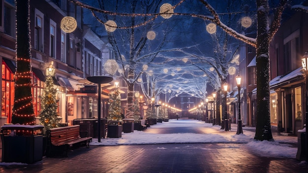 Calle vacía decorada para Navidad País de las Maravillas de Invierno imagen generada por IA