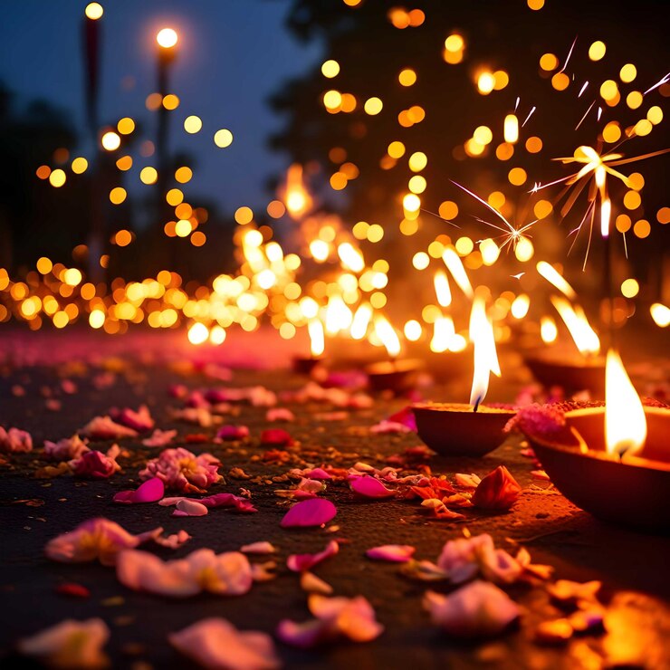 una calle con una vela encendida y flores en ella