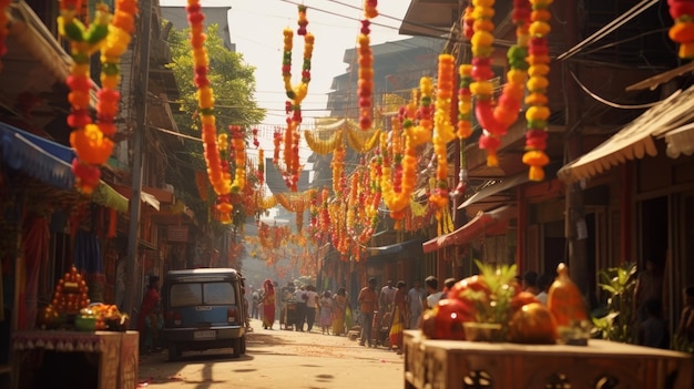 Una calle vibrante adornada con decoraciones