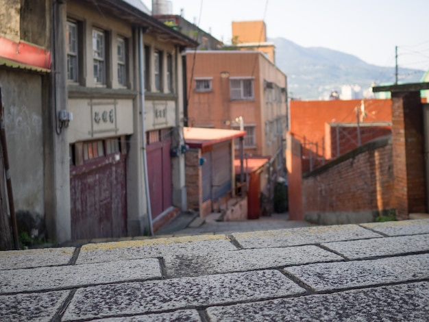 Foto calle vieja en tamsui, nueva ciudad de taipei, taiwán.