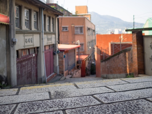 Foto calle vieja en tamsui, nueva ciudad de taipei, taiwán.