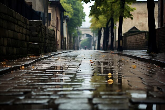 Una calle vintage empapada de lluvia con adoquines