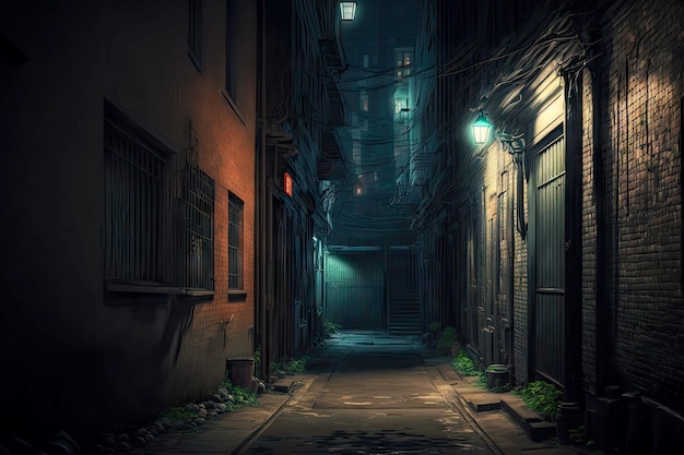 El callejón abandonado con edificios de ladrillo antiguos sin complicaciones está iluminado por una linterna tenue