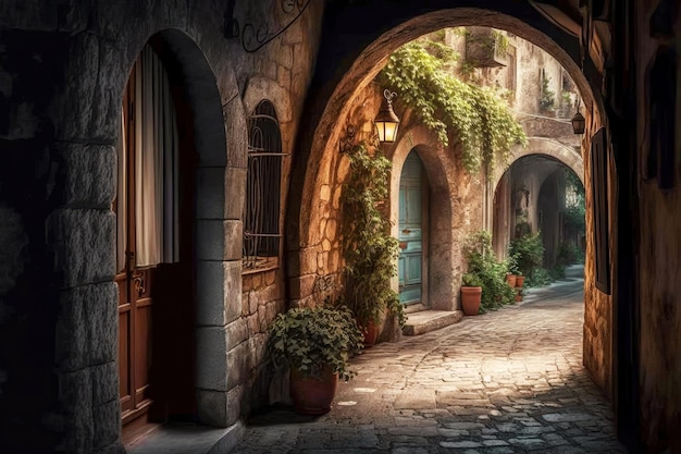 Callejón con antiguas casas de piedra ventanas arqueadas