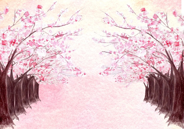 El callejón del árbol Sakura tarjeta horizontal sobre fondo de melocotón Arte de acuarela pintado a mano perfecto para tarjetas