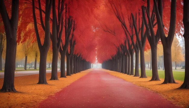 callejón de árboles rojos en el parque en otoño