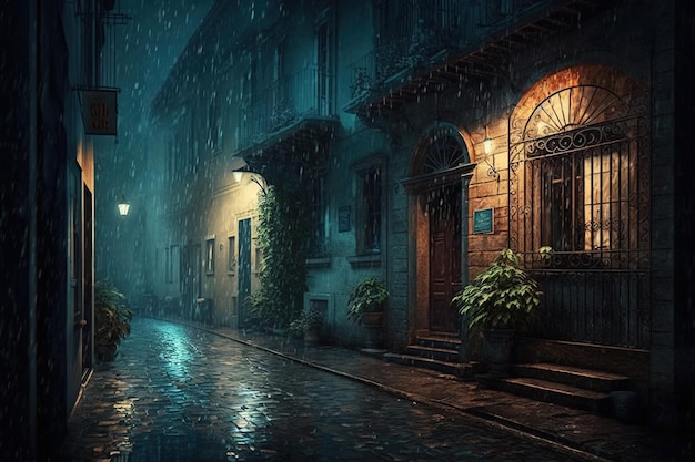 Callejón de la calle trasera con casas de la ciudad vieja bajo la lluvia por la noche