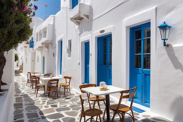 Foto callejón cicladico con una calle estrecha y un exterior de un café tradicional encalado con sillas y mesas en chora kythnoscyclades grecia