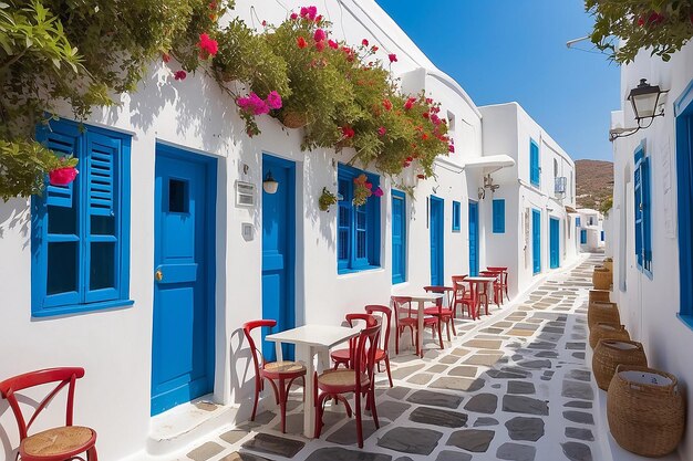 Foto callejón cicladico con una calle estrecha y un exterior de un café tradicional encalado con sillas y mesas en chora kythnoscyclades grecia