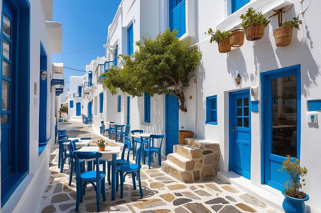 Foto callejón cicladico con una calle estrecha y un exterior de un café tradicional encalado con sillas y mesas en chora kythnoscyclades grecia