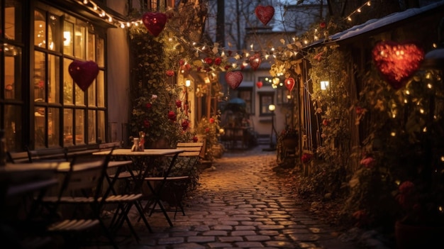 Un callejón encantador decorado con luces de hadas y adornos para el Día de San Valentín.