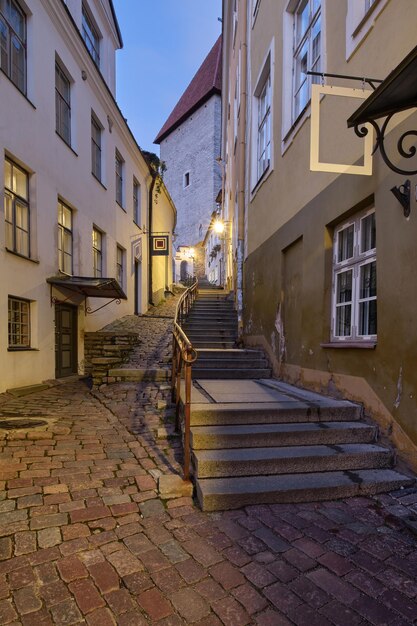 Callejón y escaleras a la antigua colina de la catedral de Toompea en Tallin, capital de Estonia en el norte de Europa