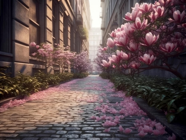 Callejón de exuberantes magnolias rosadas