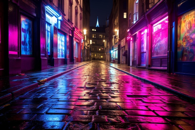 Foto un callejón iluminado con neón lleno de arte futurista de neón