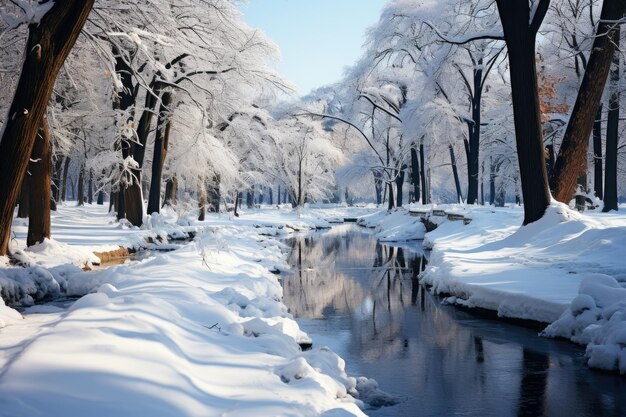 callejón de invierno cubierto de nieve en el parque con un arroyo un camino entre los árboles cubiertos de escarcha