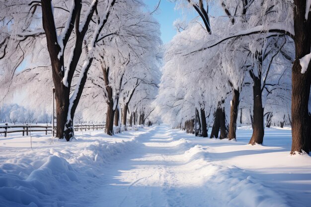 Callejón de invierno cubierto de nieve en el parque un camino entre los árboles cubiertos de hielo papel pintado de la temporada fría