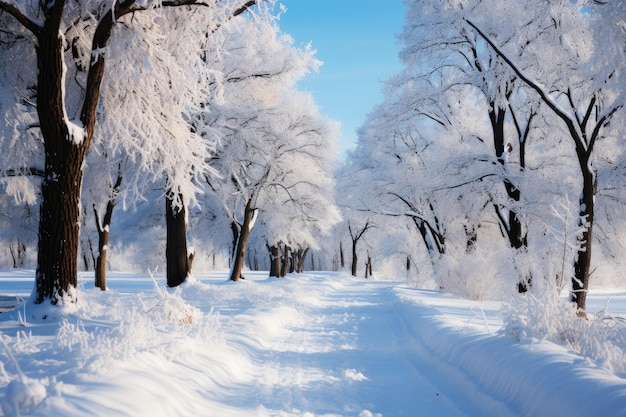 Callejón de invierno cubierto de nieve en el parque un camino entre los árboles cubiertos de hielo papel pintado de la temporada fría