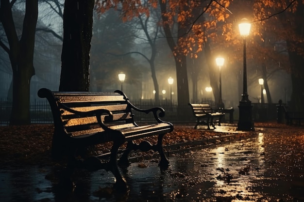 Callejón nocturno en el parque de la ciudad de otoño con bancos y faroles mojados después de la lluvia