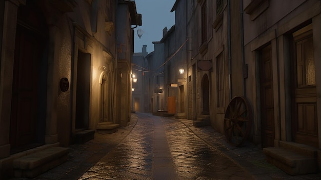 Un callejón oscuro con una calle al fondo.