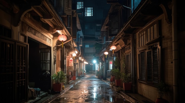 Un callejón oscuro con un cartel que dice "chino"